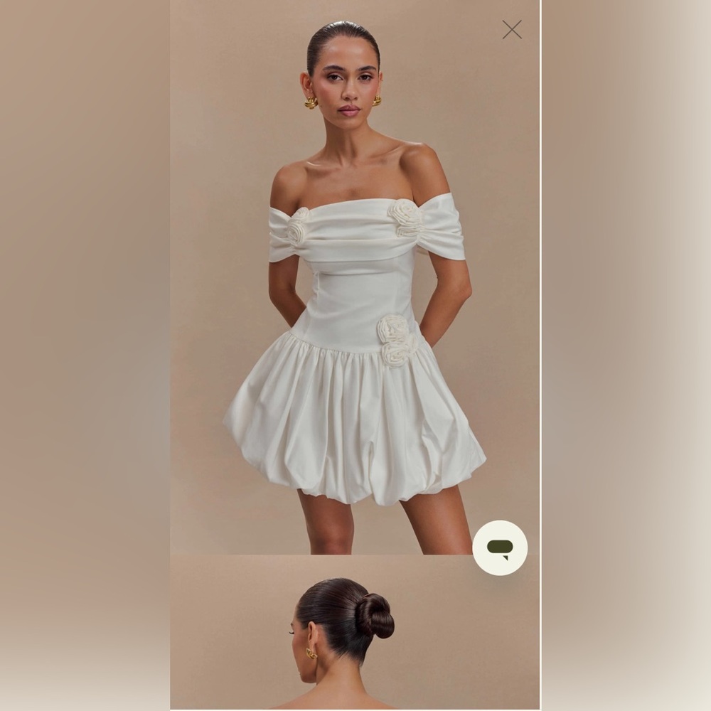 Meshki White Strapless Off-Shoulder Bubble Hem Mini Dress